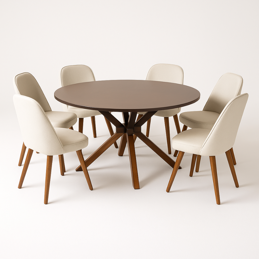 Comedor Redondo con 6 sillas Panamá. Diámetro 136cm. Madera maciza de Eucalipto color Imbúia