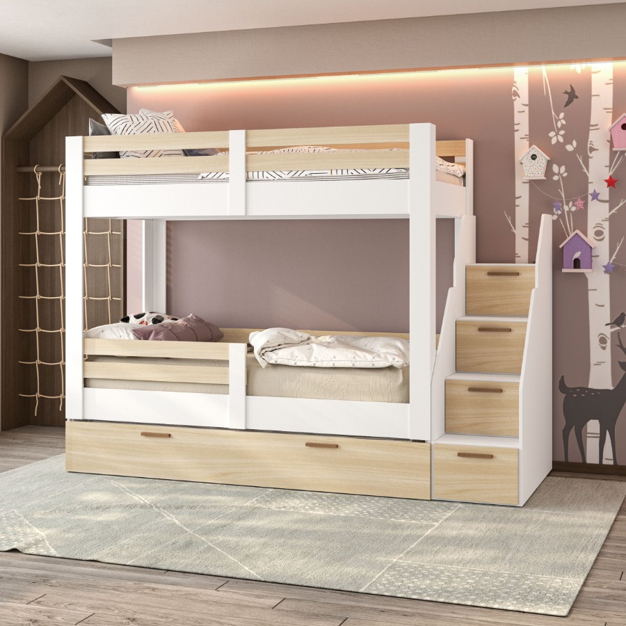 Cama Cuchera Triple REF.   100% MDP 15mm. 3 camas, escalera y barandas. Color blanco con legno