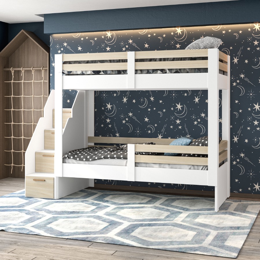 Cama Cucheta MONTESSORI REF.   100% MDP 15mm. Con escalera y barandas. Color blanco con legno