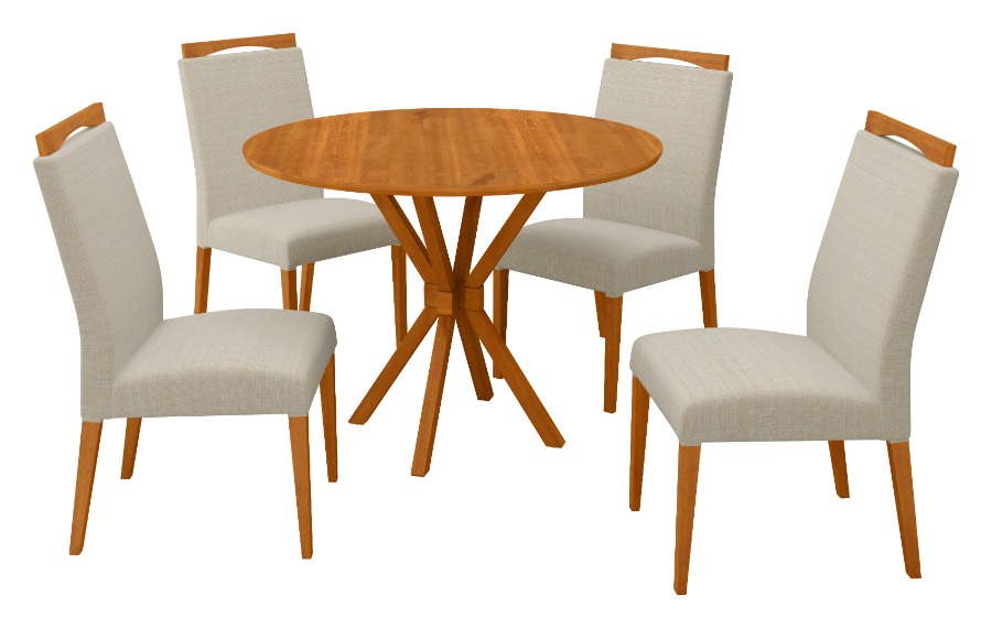 Comedor mesa redonda ATENAS, con 4 sillas BETINA. Color Avellana. Madera maciza. Tapizado en tela.
