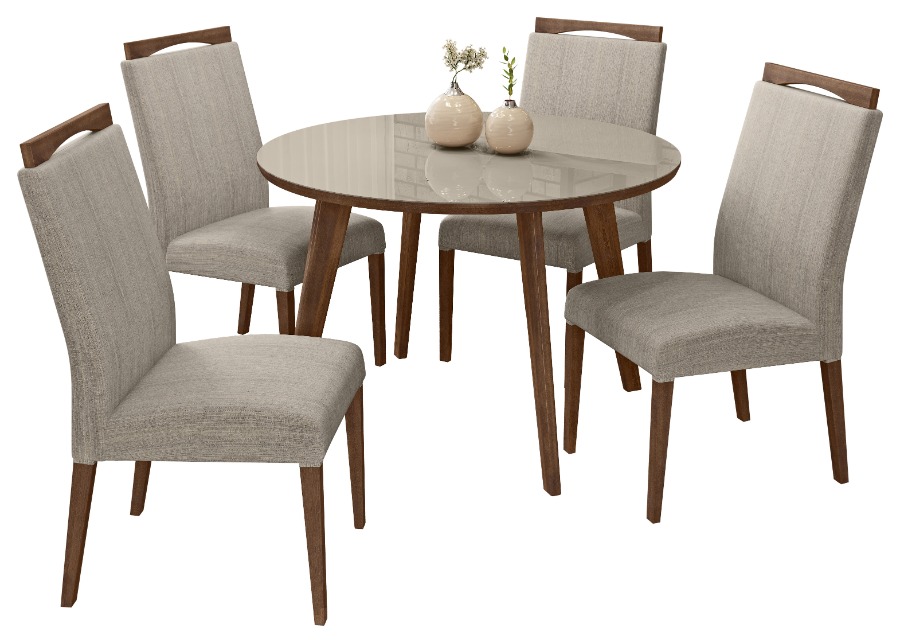 Comedor mesa redonda con 4 sillas BETINA. Color Imbúia. Madera maciza. Tapizado en tela.