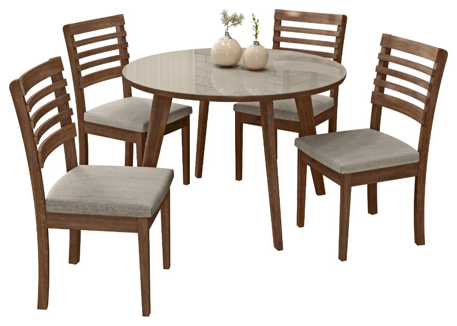 Comedor mesa redonda con 4 sillas MARCELA. Color Imbúia. Madera maciza. Tapizado en tela.