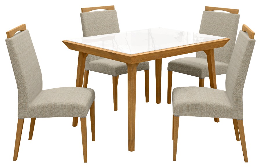 Comedor mesa rectangular con 4 sillas BETINA. Color Avellana. Madera maciza. Tapizado en tela.