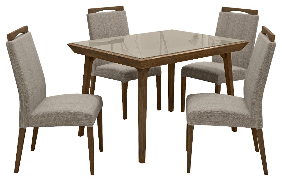 Comedor mesa rectangular con 4 sillas BETINA. Color Imbúia. Madera maciza. Tapizado en tela.
