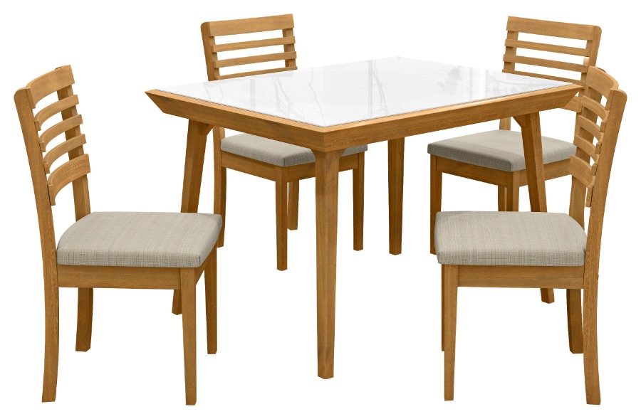 Comedor mesa rectangular con 4 sillas MARCELA. Color Avellana. Madera maciza. Tapizado en tela.