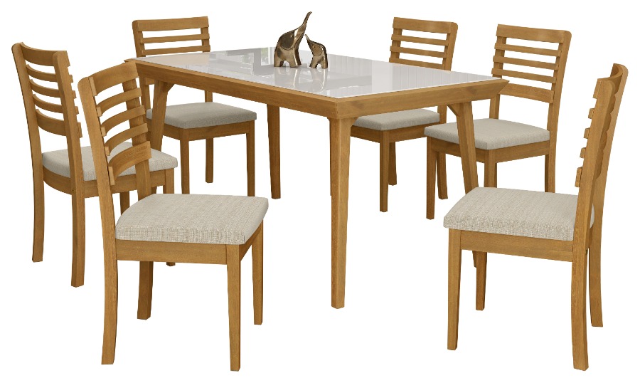 Comedor mesa rectangular con 6 sillas MARCELA. Color Avellana. Madera maciza. Tapizado en tela.