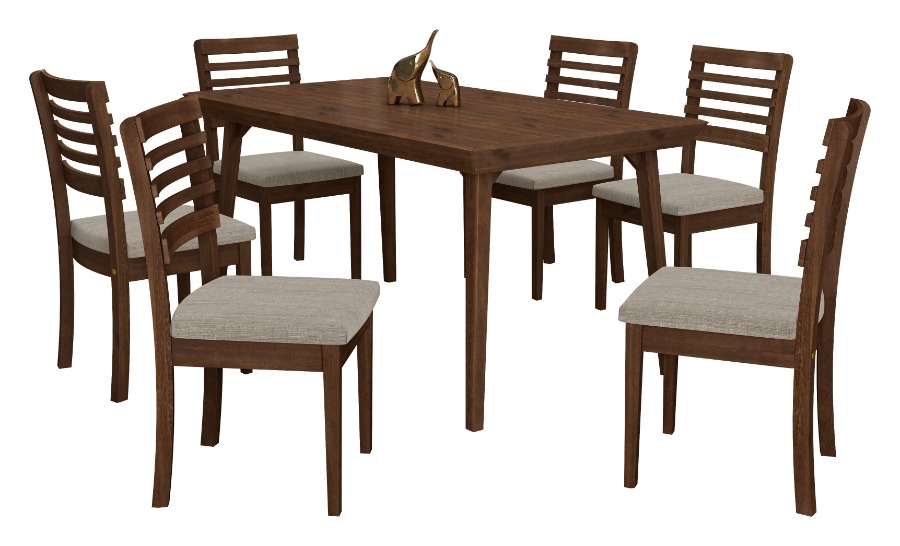 Comedor mesa rectangular con 6 sillas MARCELA. Color Imbúia. Madera maciza. Tapizado en tela.