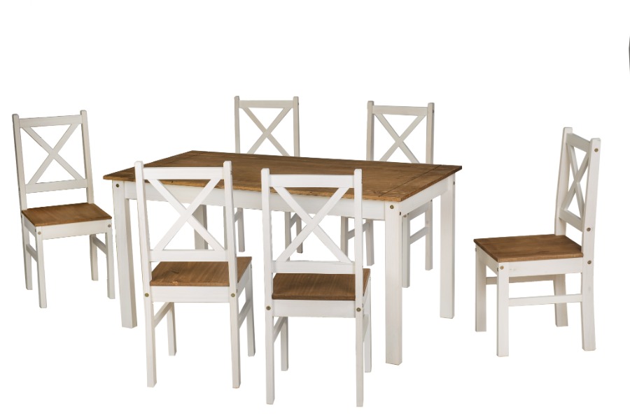 Comedor Santos con 6 sillas color blanco con rústico. Madera maciza de Pino