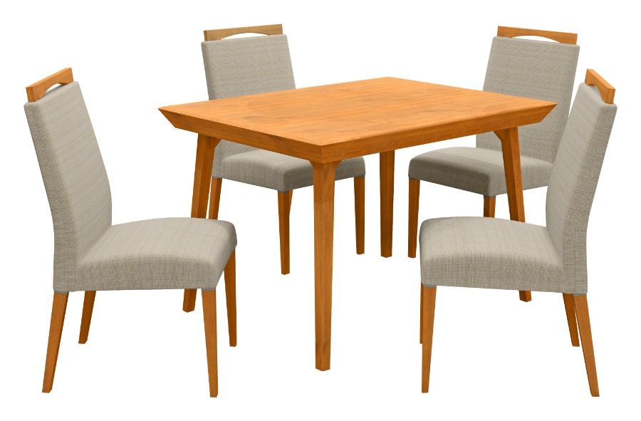 Comedor mesa rectangular PAMELA con 4 sillas BETINA. Color Avellana. Madera maciza. Tapizado en tela