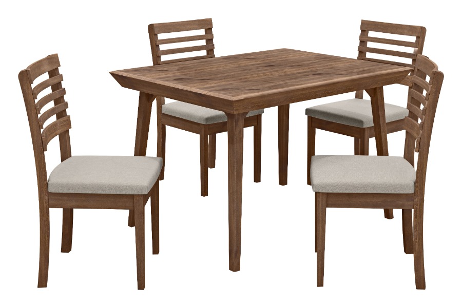 Comedor mesa rectangular PAMELA con 4 sillas MARCELA. Color Imbúia. Madera maciza. Tapizado en tela.