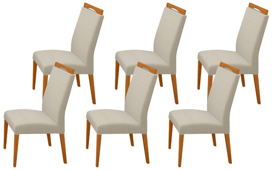 6 sillas BETINA, madera maciza de EUCALIPTO color avellana. Tapizadas en tela.