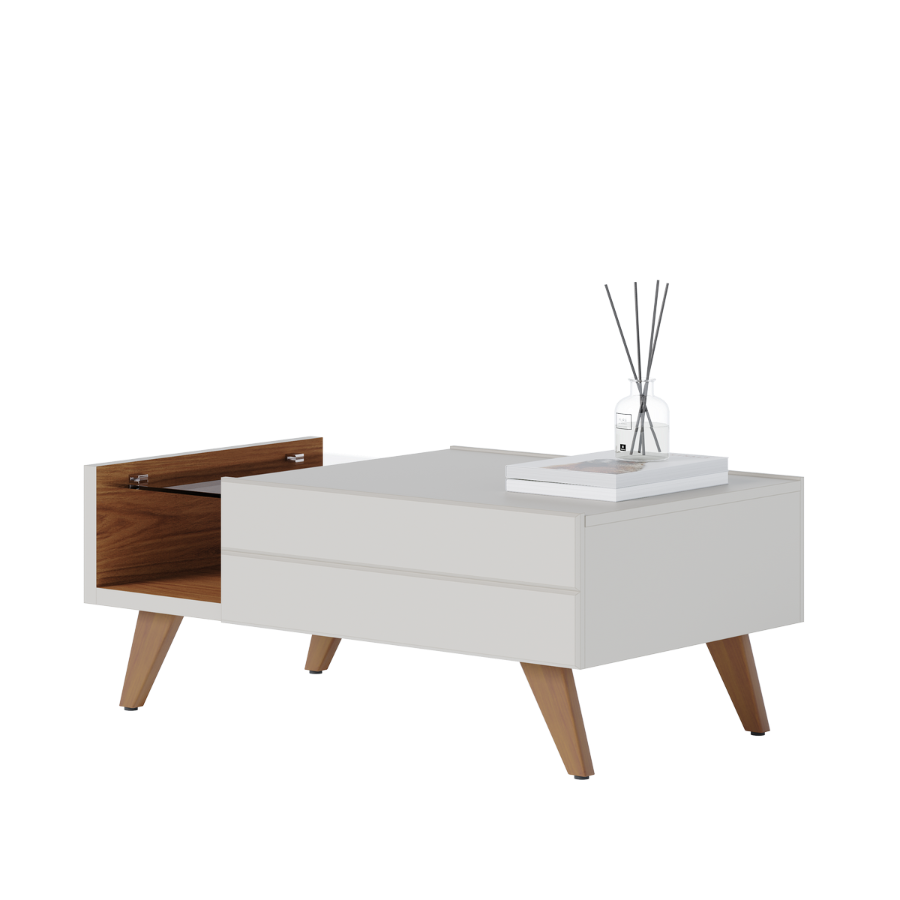 Mesa de centro NORONHA. Con cajón y estante de vidrio. Color blanco con Freijó.